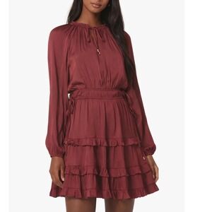 MINKPINK Elvina Mini Dress Wine Long Sleeve Ruffle Tie Neck‎ Festival